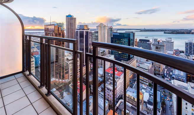 A balcony at Avani Metropolis Auckland looking out over the city