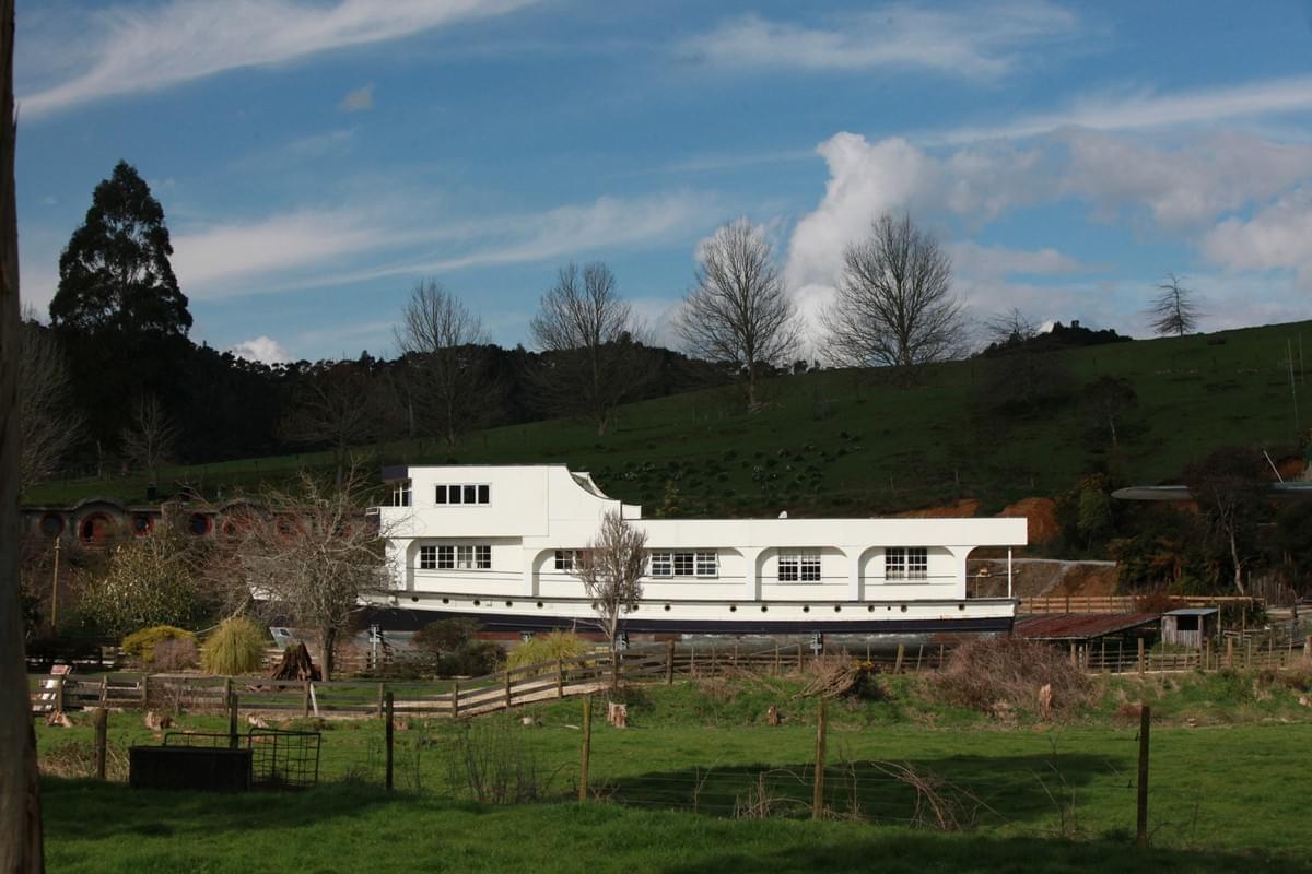 The Waitanic ship motel at Woodlyn Park, a white boat set in a paddock